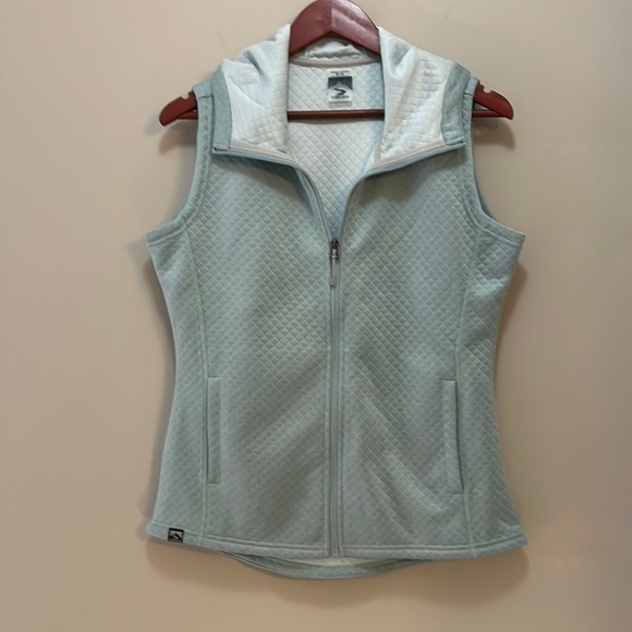 Storm Creek Ladies Curator Diamond Knit Vest size M Sagebrush Green Hooded NWOT - Picture 1 of 11